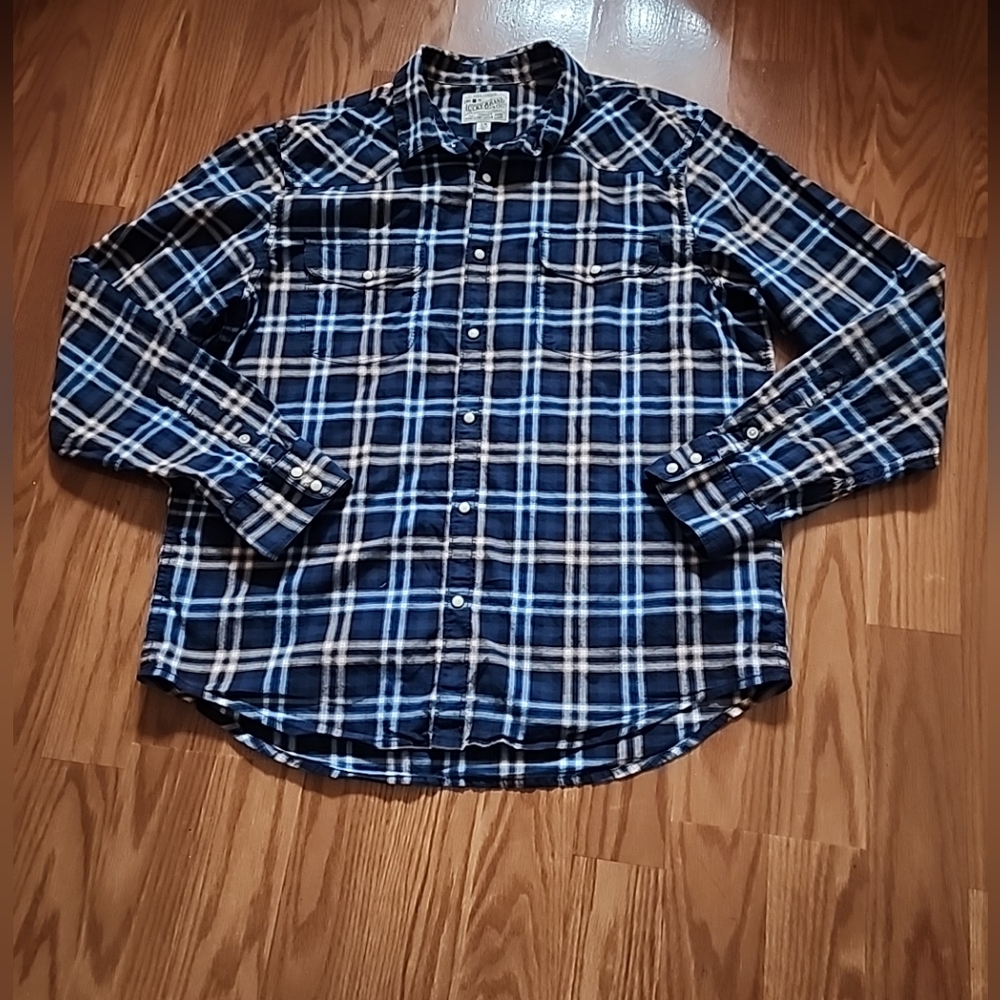 Lucky brand long sleeve shirt‎ pearl snaps size lg western Cowboy blue plaid